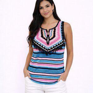 Nanette Lepore Multi Striped Crochet Tassel Knit Tank RARE Boho Spring Summer